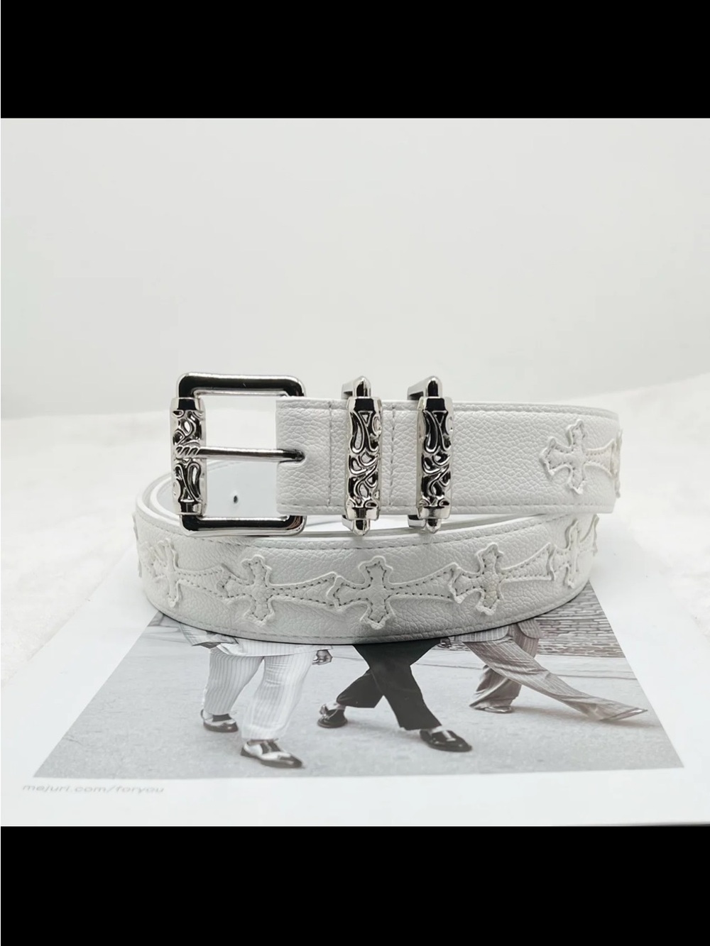 Chrome Hearts White Leather Cross Embroidered Belt with Silver Hardware